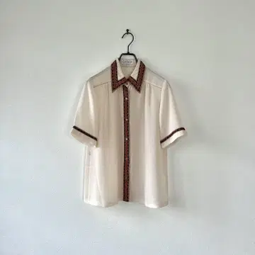 구제 의류 시어 셔츠 반팔 파이핑 베이지 골드 버튼 시스루 레트로 M