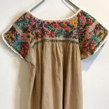 멕시코 산 안토니노 자수 베이지 원피스