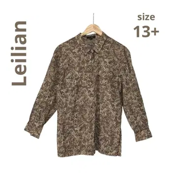 Leilian 긴팔 셔츠 블라우스 비침 있음 브라운 레오파드 무늬 L