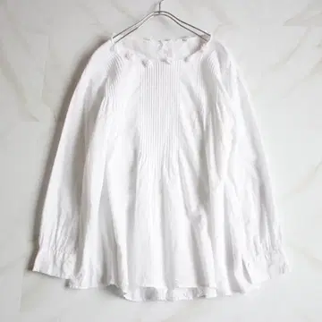 45R 핀턱 프릴 블라우스 L 사이즈 입체 레이스 꽃 화이트 컬러 코튼