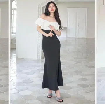 다리치 도킹 오프숄더 니트 롱 원피스 화이트 블랙