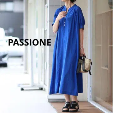 PASSIONE 파시오네/코튼 개더 퍼프 슬리브 원피스 파랑 M