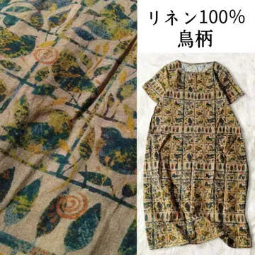 린넨 100 올 패턴 원피스 L 베이지 새 패턴 애니멀 넉넉한 핏