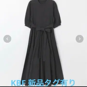 KBF 7부 소매 플레어 볼륨 리본 원피스 블랙 심플