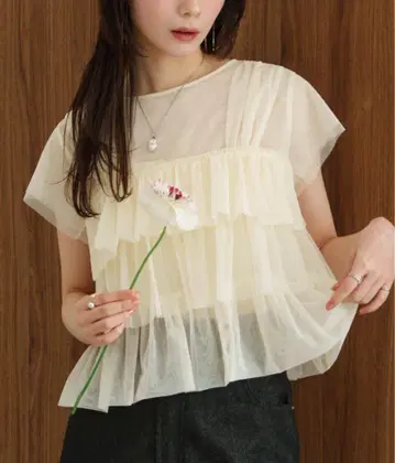 튤 프릴 프렌치 슬리브 상의 hinari
