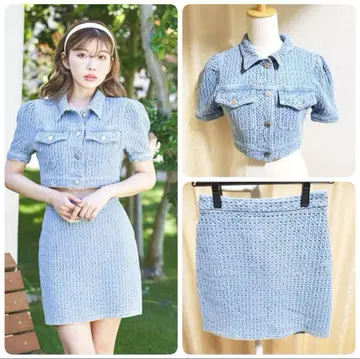 Darich 퍼프 숄 와플 데님 자켓 & 스커트 셋업