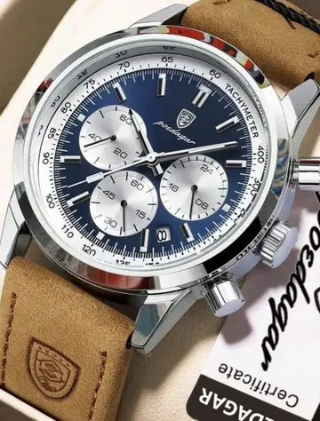 포데가 크로노그래프 손목시계 41mm 남성용 스포츠 가죽 방수