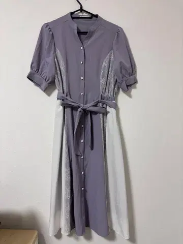 퍼플 레이스 셔츠 원피스 반팔