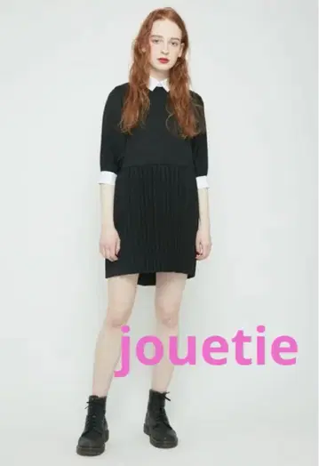 jouetie 불규칙 플리츠 원피스 카라 부착 7부 소매 블랙