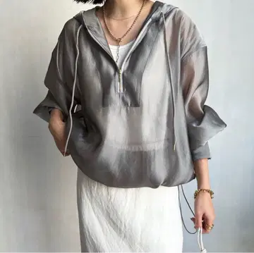 DouDou 오간자 아노락 셔츠 시어 블루종 그레이