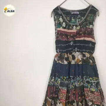 원피스 에스닉 패치워크 네이티브 꽃무늬 레트로 슬리브리스 L