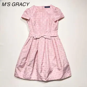 M'S GRACY 리본 무늬 원피스 무릎 기장 반팔 턱 40 사이즈