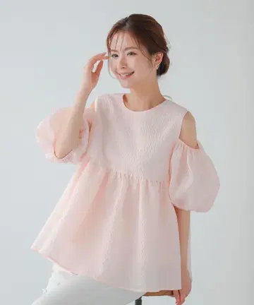fitmore 핏모어 오픈 숄더 자카드 탑 핑크