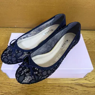 새상품급 Diana 24.5cm 레이스 플랫 발레 리본 네이비
