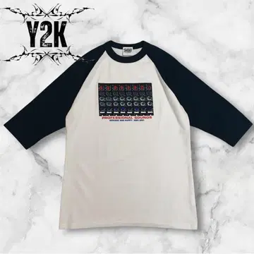 y2k 00년대 구제 의류 래글런 티셔츠 7부 소매 이펙터 프린트 스트릿