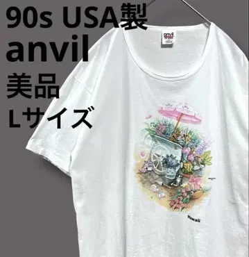 90s USA제 anvil 빈티지 티셔츠 꽃 고양이 L 사이즈 화이트