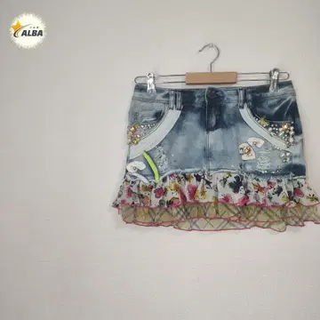 데님 스커트 비즈 큐빅 꽃무늬 체크 무늬 프릴 숏 기장 M