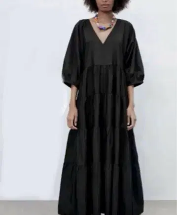 ZARA 티어드 롱 원피스 블랙 맥시