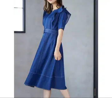 새상품급 QUEENS COURT 데님 샴브레이 프릴 원피스 벨트 포함