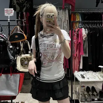 피치 T y2k 여아 의류 라메 프린트 헤이세이 하트 보더