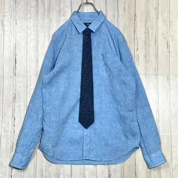 린넨 100% 린넨 넥타이 셔츠 코디 긴팔 셔츠 넥타이 블루