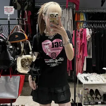 라메 프린트 하트 피치 T 갸루 헤이세이 y2k BODY GLOVE