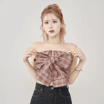 Darich 다리치 타탄 체크 리본 베어 탑 RED 빨간색 새상품