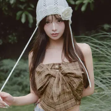 Darich 다리치 타탄 체크 리본 베어 탑 BEG 베이지
