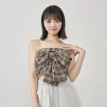Darich 다리치 타탄 체크 리본 베어 탑 NVY 네이비