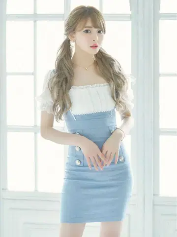 Pimil 피밀 쉬폰 살로펫 스타일 타이트 미니 반팔 퍼프 슬리브 드레스