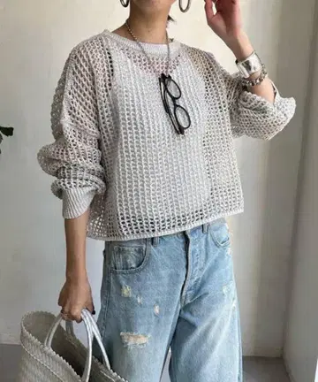 DouDou 숏 기장 라메 메쉬 풀오버 실버