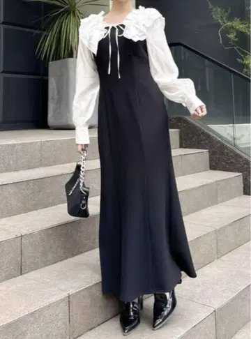 dazzlin 프릴 카라 도킹 리브 원피스 블랙