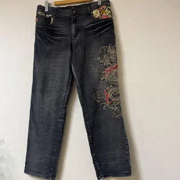빅 사이즈 일본풍 패턴 블랙 데님 팬츠 3L 허리밴딩 남성용 자수
