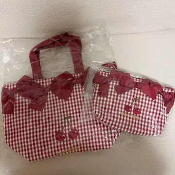 체리 자수 깅엄 리본 토트백 & 파우치