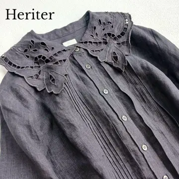 Heriter 엘리트 린넨 컷워크 칼라 블라우스 레이스 옷깃 핀턱