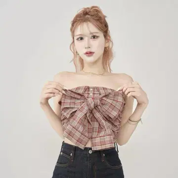 Darich 다리치 타탄 체크 리본 베어 탑 RED 빨간색 새상품