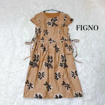 FIGNO 꽃무늬 자카드 리본 베이지 넉넉한 원피스