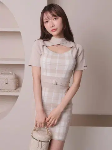 LIP SERVICE 체크 자카드 데콜테 오픈 원피스