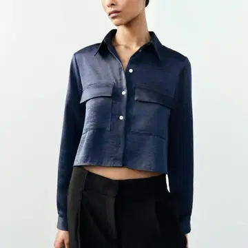 크롭 새틴 셔츠 zara S 네이비