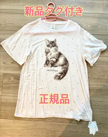 택 포함 새상품 젤라또피케 CAT 도트 무늬 원포인트 티셔츠 고양이 정품