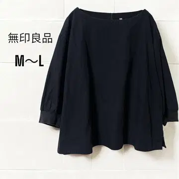 무인양품 5부 소매 블라우스 블랙 무지 심플 소매 리브 코튼 M~L