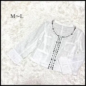 새상품급 [비쥬가 달린 풀 집업 탑] M L 화이트 전체 레이스 여성용