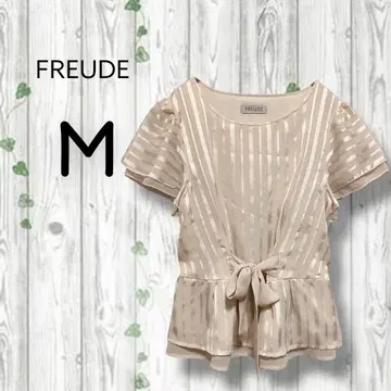 freude 쉬폰 블라우스 프릴 반팔 스트라이프 허리밴딩 베이지