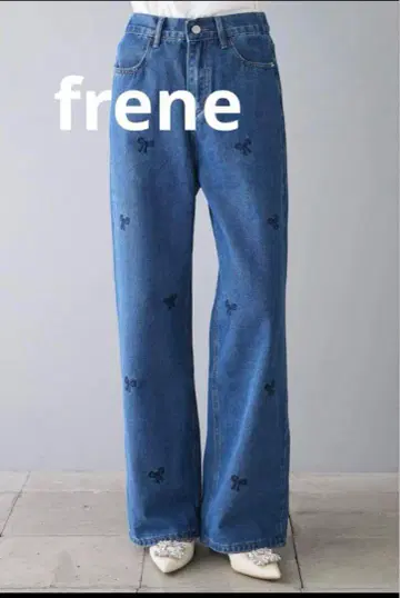 frene 자수 디자인 와이드 레그 데님