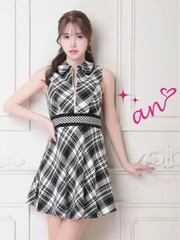 an 올 체크 카라 부착 프론트 지퍼 슬리브리스 A 라인 미니 드레스
