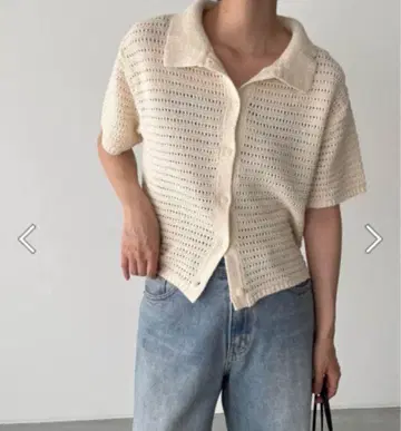El mar(엘마르) 카라 부착 크로셰 뜨개질 반팔 가디건