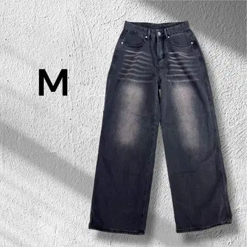 와이드 스트레이트 블랙 데님 팬츠 지퍼 플라이