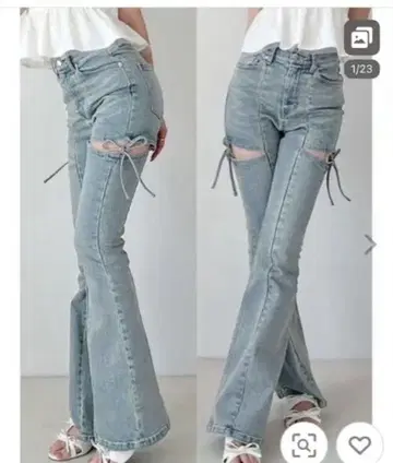 당일 발송 아이스 블루 M 사이즈 리젝시 컷 아웃 리본 데님 팬츠