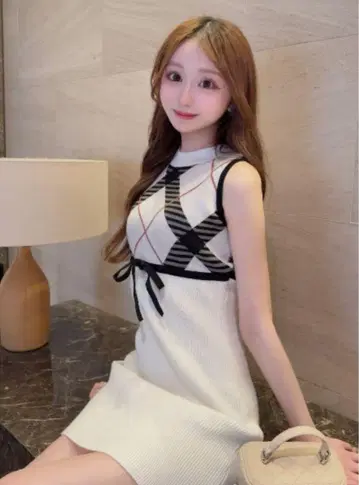 Darich 체크 자카드 니트 미니 원피스