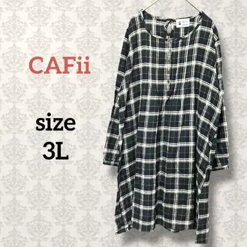 CAFii [ 3L ] 긴팔 코튼 튜닉 원피스 체크 무늬 캐주얼 면